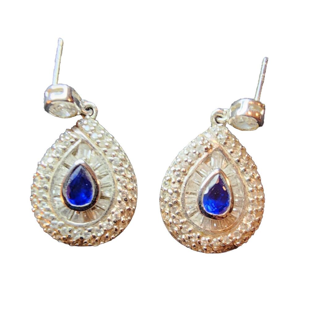 Vintage Style Blue Teardrop Earrings Sterling Silver Cubic Zirconia Halo Drop